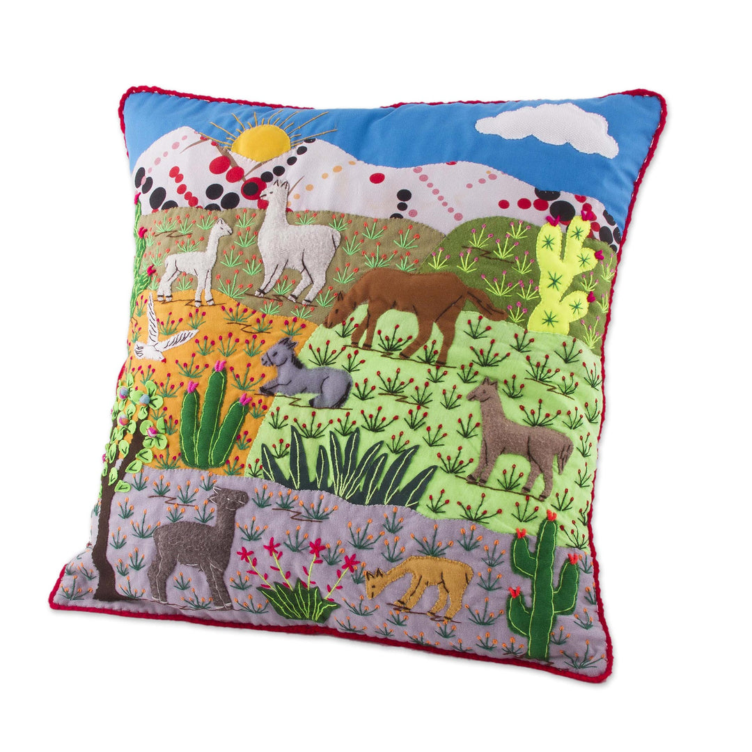 Cotton Blend Nature Themed Patchwork Cushion Cover from Peru - Andean Nature Scene