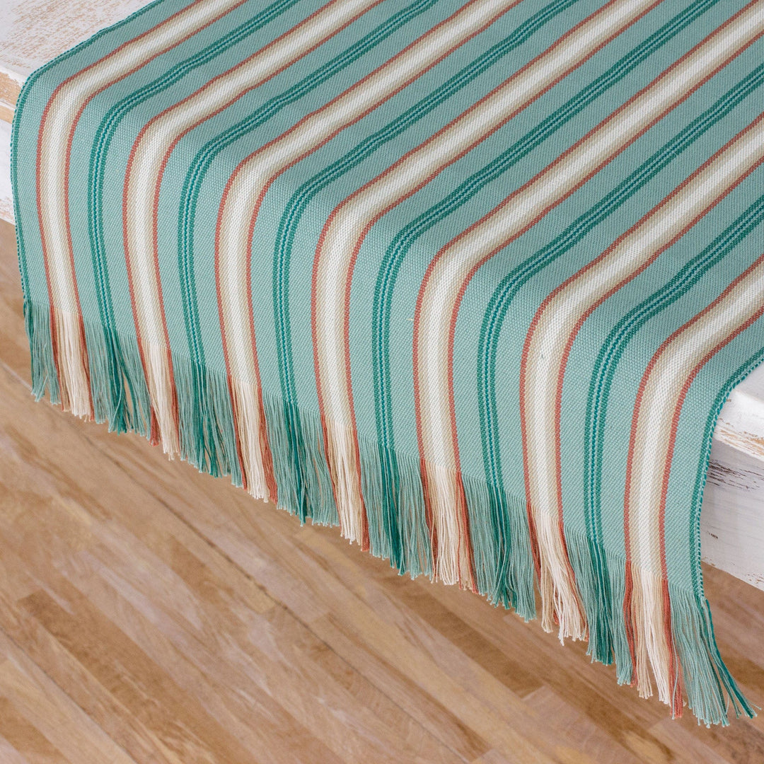 Green Striped Cotton Table Runner from Guatemala - Forest Path