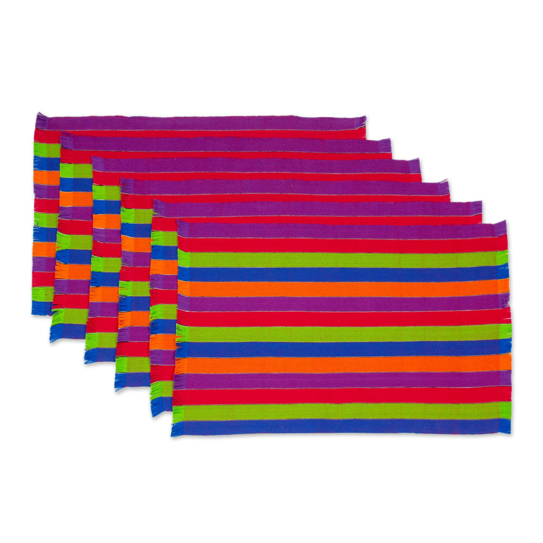 Six Multicolored Striped Cotton Placemats from Guatemala - Harvest Trails