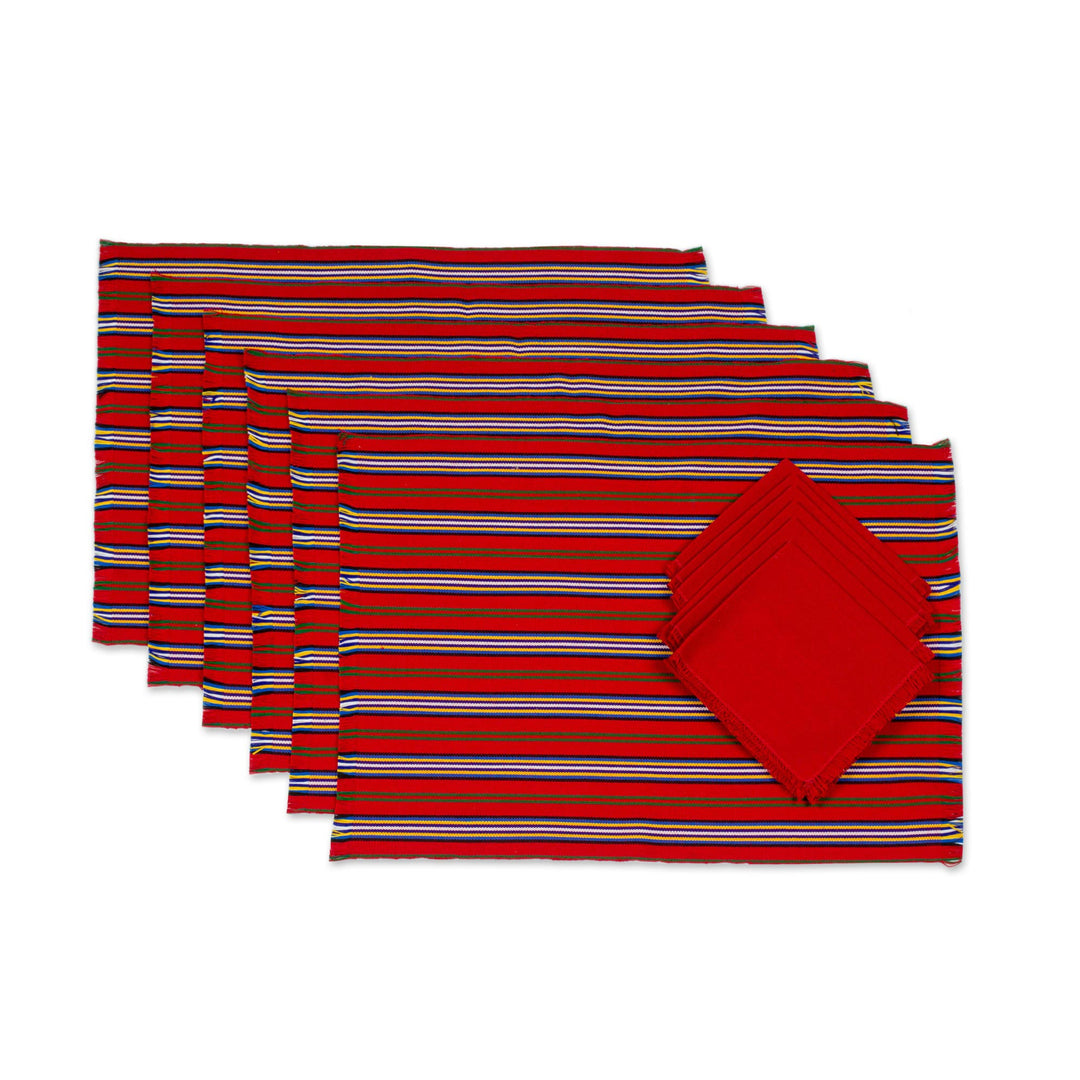 Set of 6 Striped Cotton Placemats and Napkins in Crimson - Palopó Trails