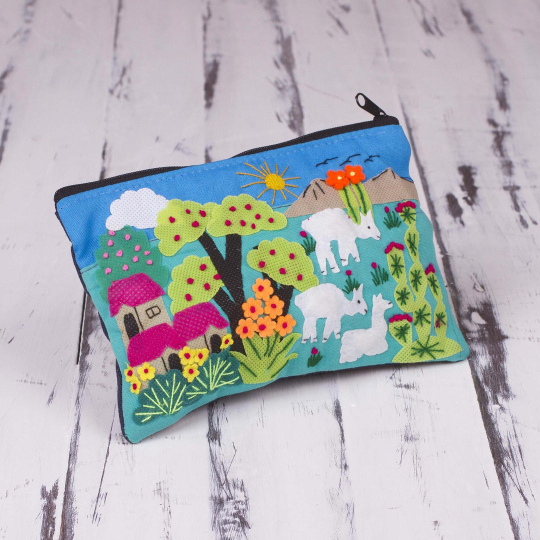 Patchwork Fair Trade Cosmetic Case with Peruvian Landscape - Blue Alpaca Afternoon