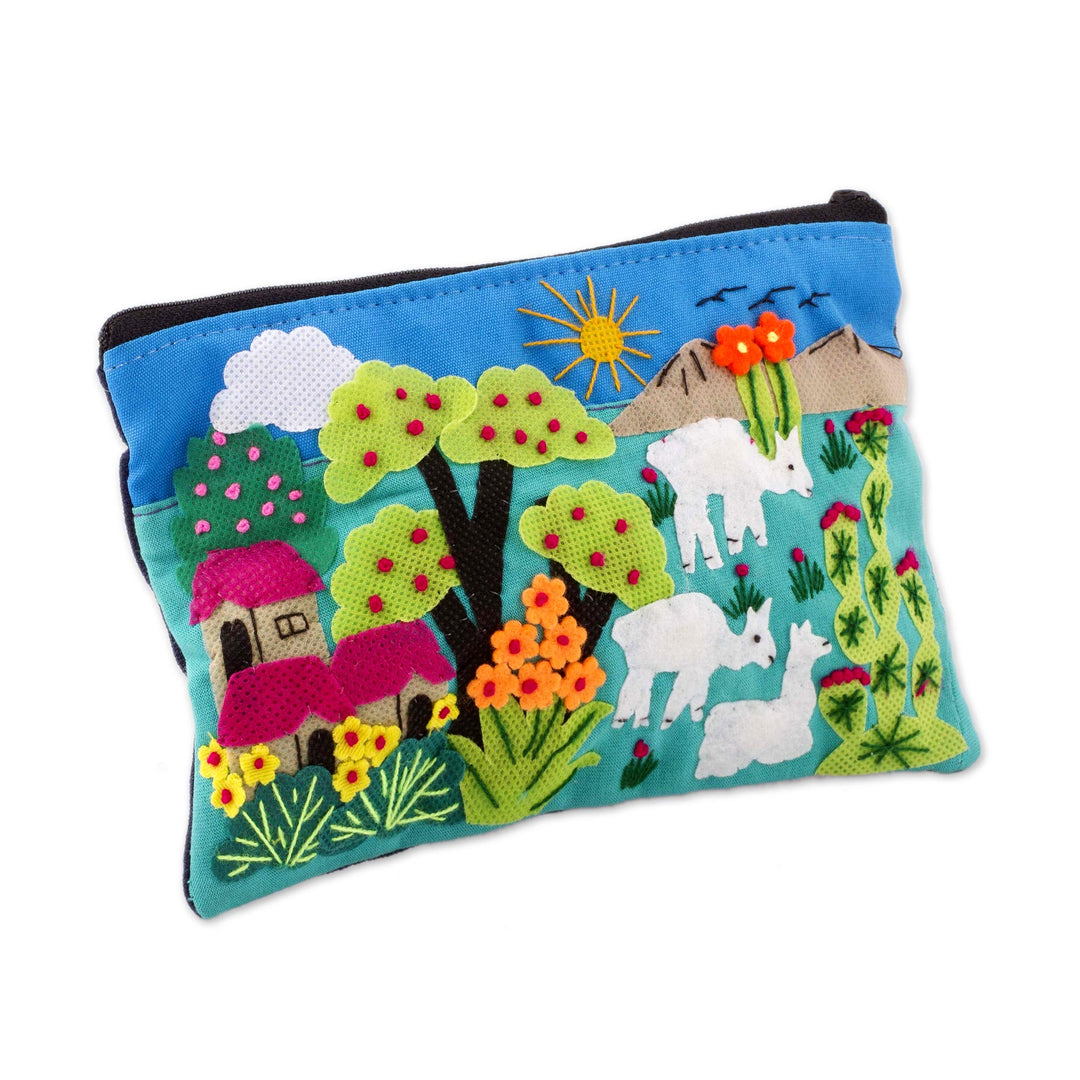 Patchwork Fair Trade Cosmetic Case with Peruvian Landscape - Blue Alpaca Afternoon