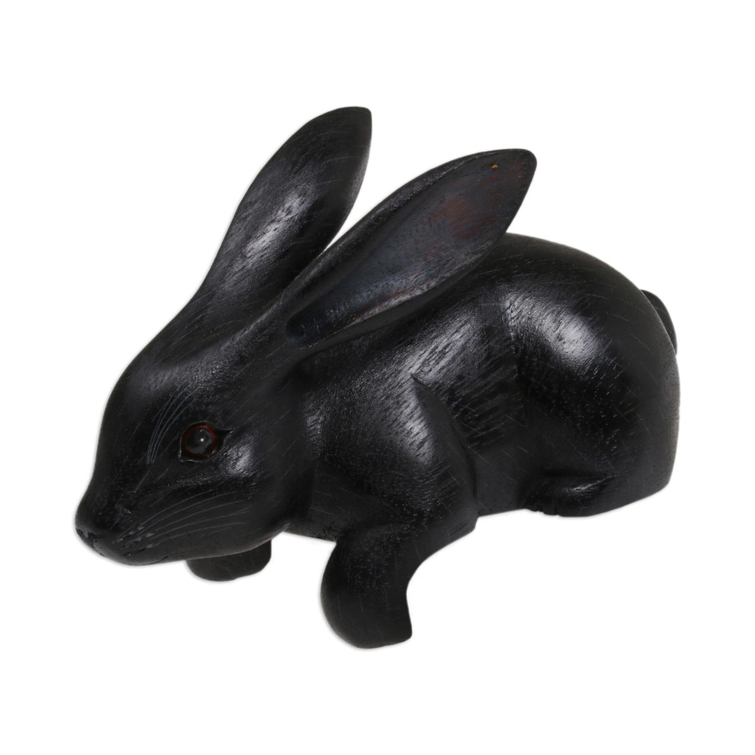 Handcrafted Suar Wood Rabbit Sculpture in Black from Bali - Curious Rabbit in Black
