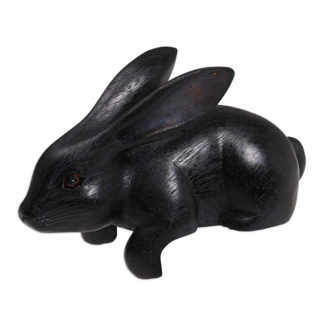 Handcrafted Suar Wood Rabbit Sculpture in Black from Bali - Curious Rabbit in Black