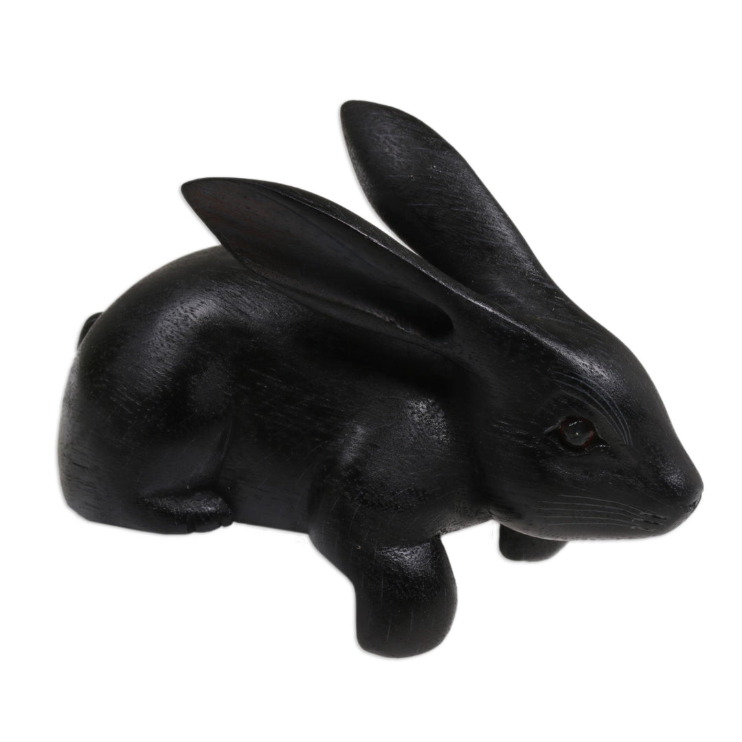 Handcrafted Suar Wood Rabbit Sculpture in Black from Bali - Curious Rabbit in Black