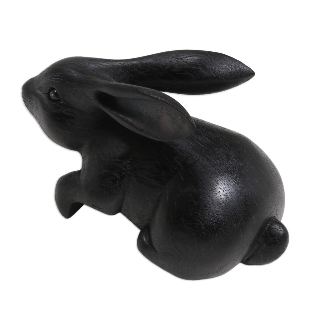 Handcrafted Suar Wood Rabbit Sculpture in Black from Bali - Curious Rabbit in Black
