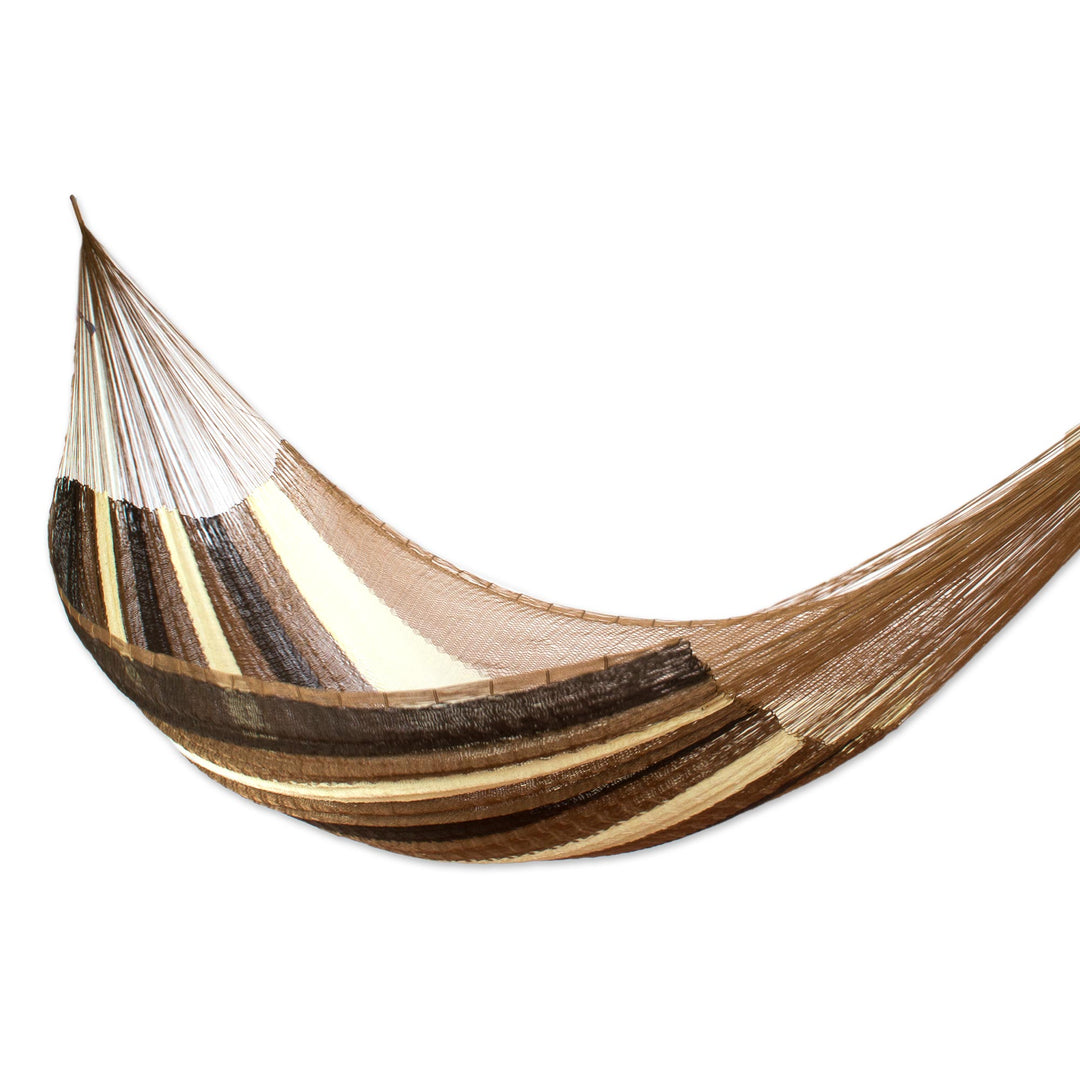 Handwoven Mayan Striped Double Hammock in Brown from Mexico - Near the Sea