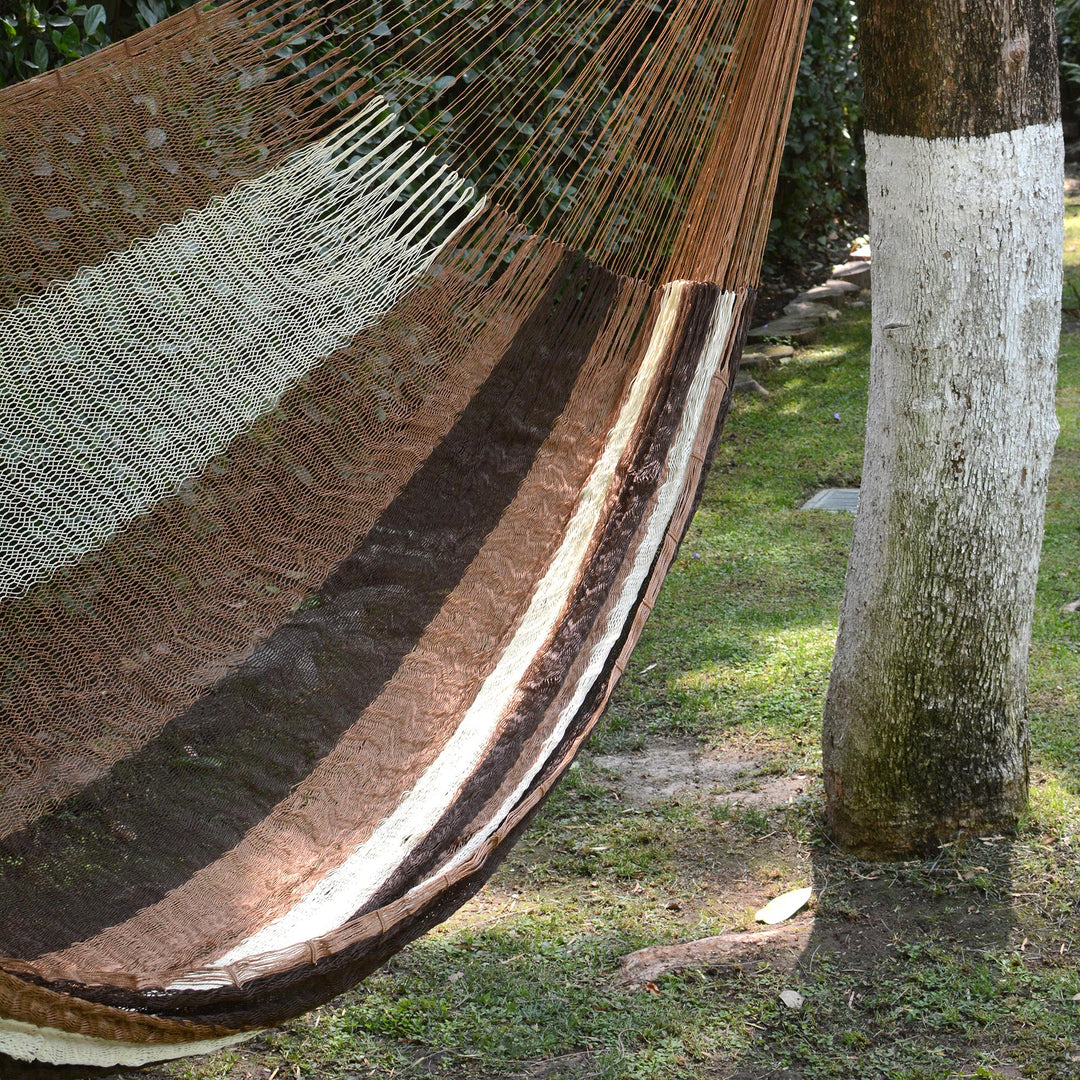 Handwoven Mayan Striped Double Hammock in Brown from Mexico - Near the Sea