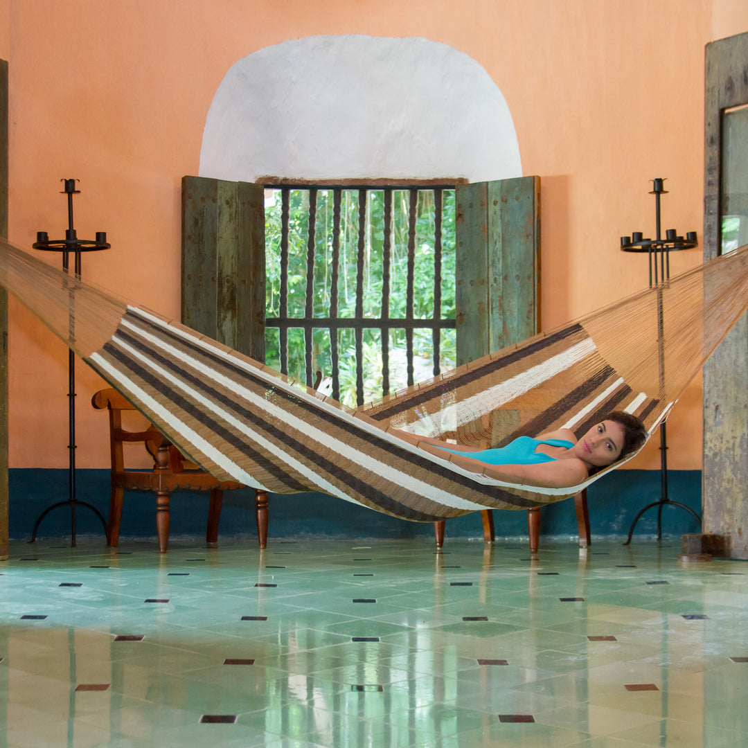 Handwoven Mayan Striped Double Hammock in Brown from Mexico - Near the Sea