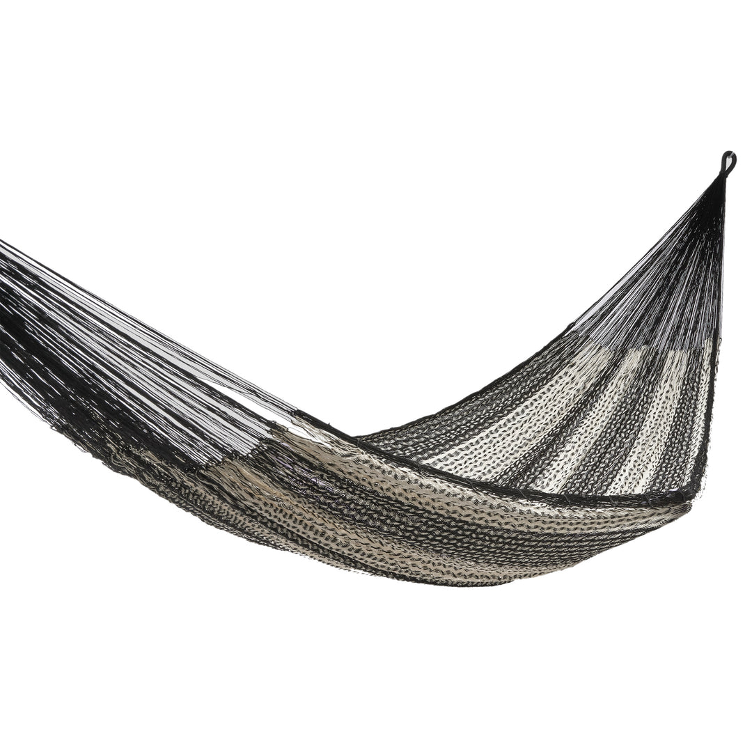 Handwoven Double Hammock in Black and Natural from Mexico - Night Stripes