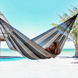 Handwoven Double Hammock in Black and Natural from Mexico - Night Stripes