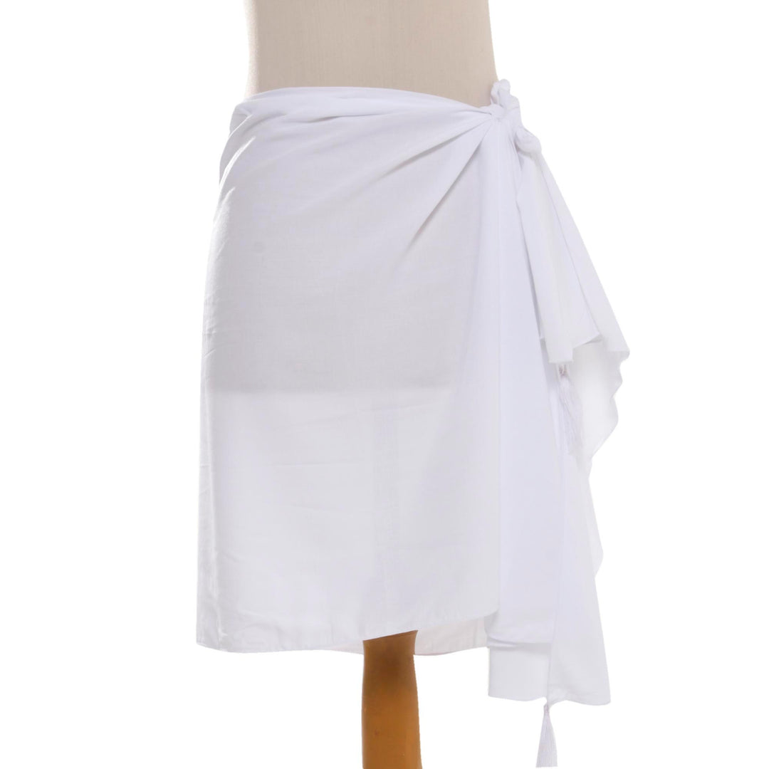 Handmade White 100% Rayon Short Sarong from Indonesia - Paradise Breeze in White