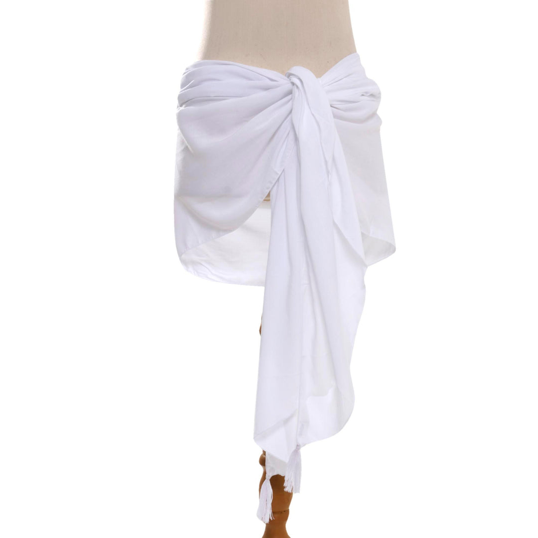 Handmade White 100% Rayon Short Sarong from Indonesia - Paradise Breeze in White