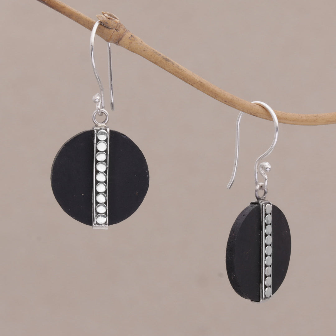 Dot Motif Lava Stone and Sterling Silver Earrings from Bali - Dotted Discs