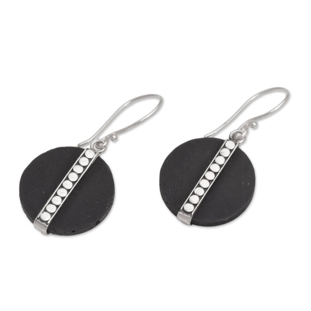 Dot Motif Lava Stone and Sterling Silver Earrings from Bali - Dotted Discs