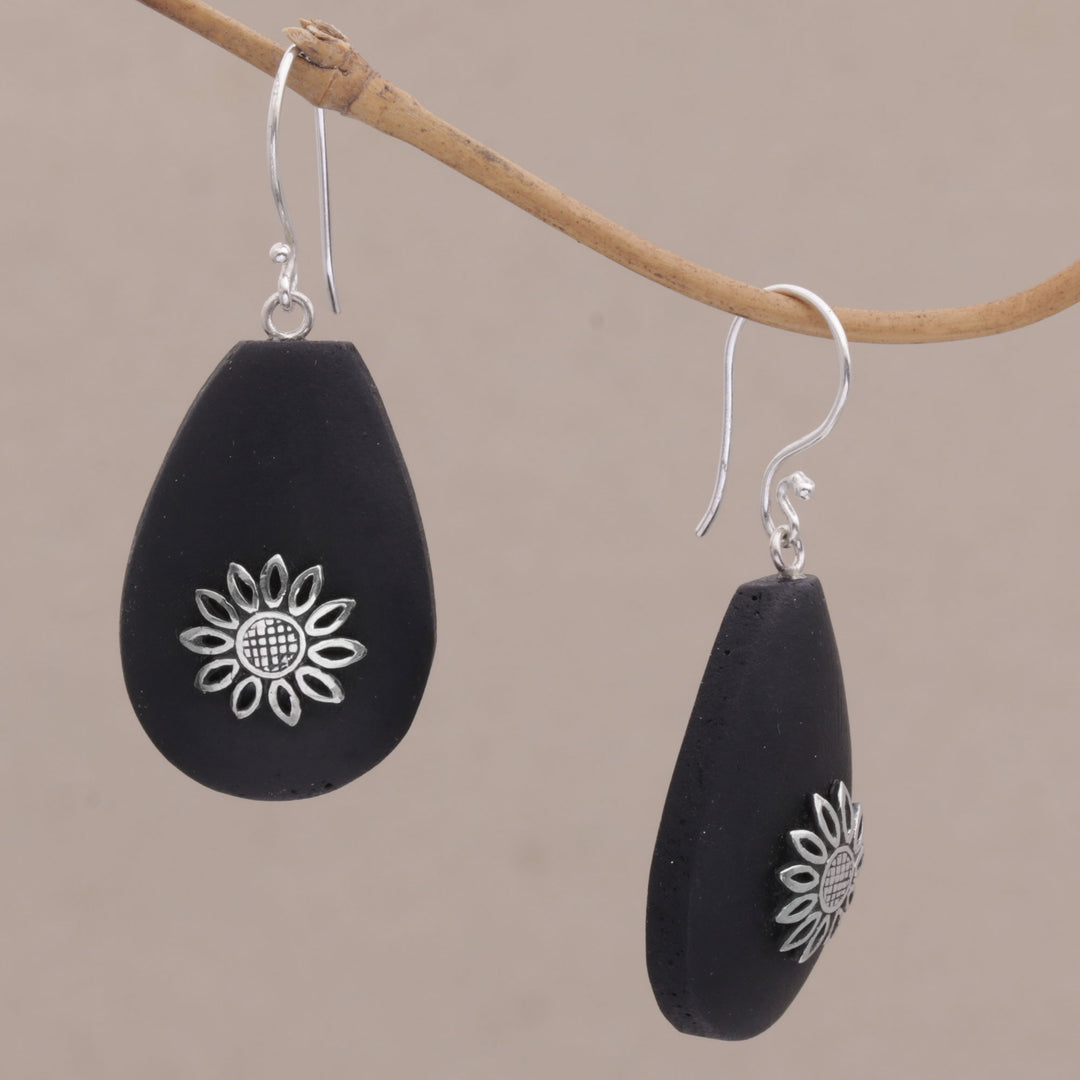 Lava Stone and Sterling Silver Floral Earrings from Bali - Pura Petals