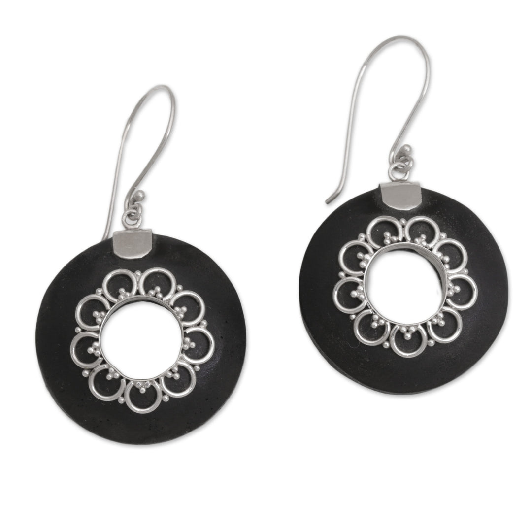 Circular Lava Stone and Sterling Silver Earrings from Bali - Wangi Rings