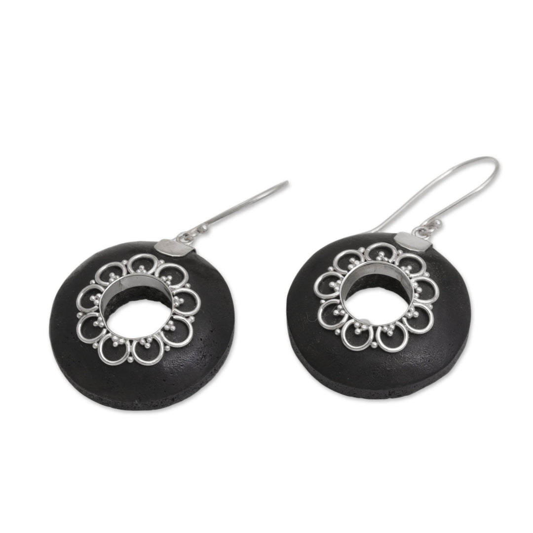 Circular Lava Stone and Sterling Silver Earrings from Bali - Wangi Rings