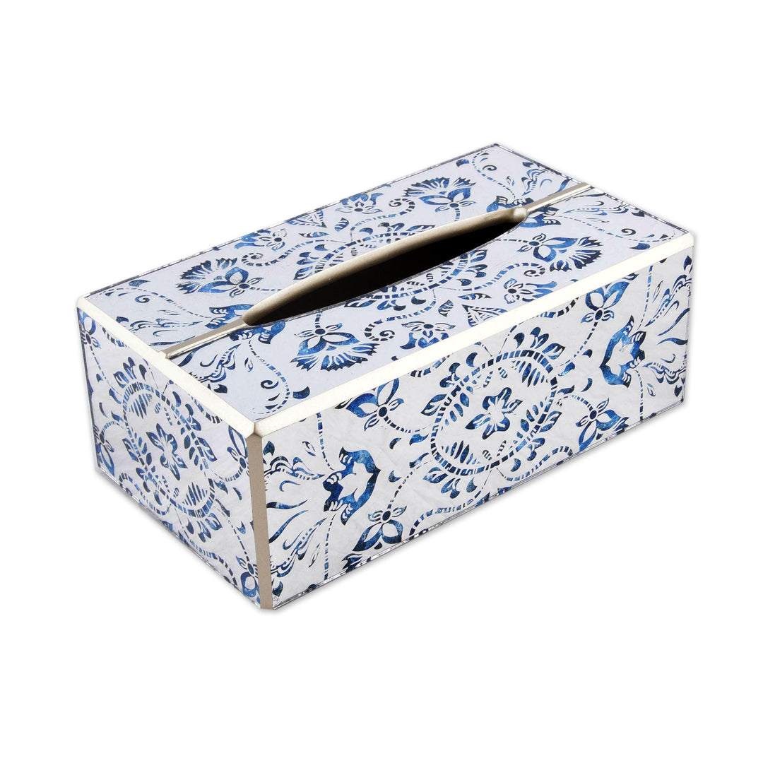 Reverse Painted Glass Floral Tissue Box Cover from Peru - Angelic Blue