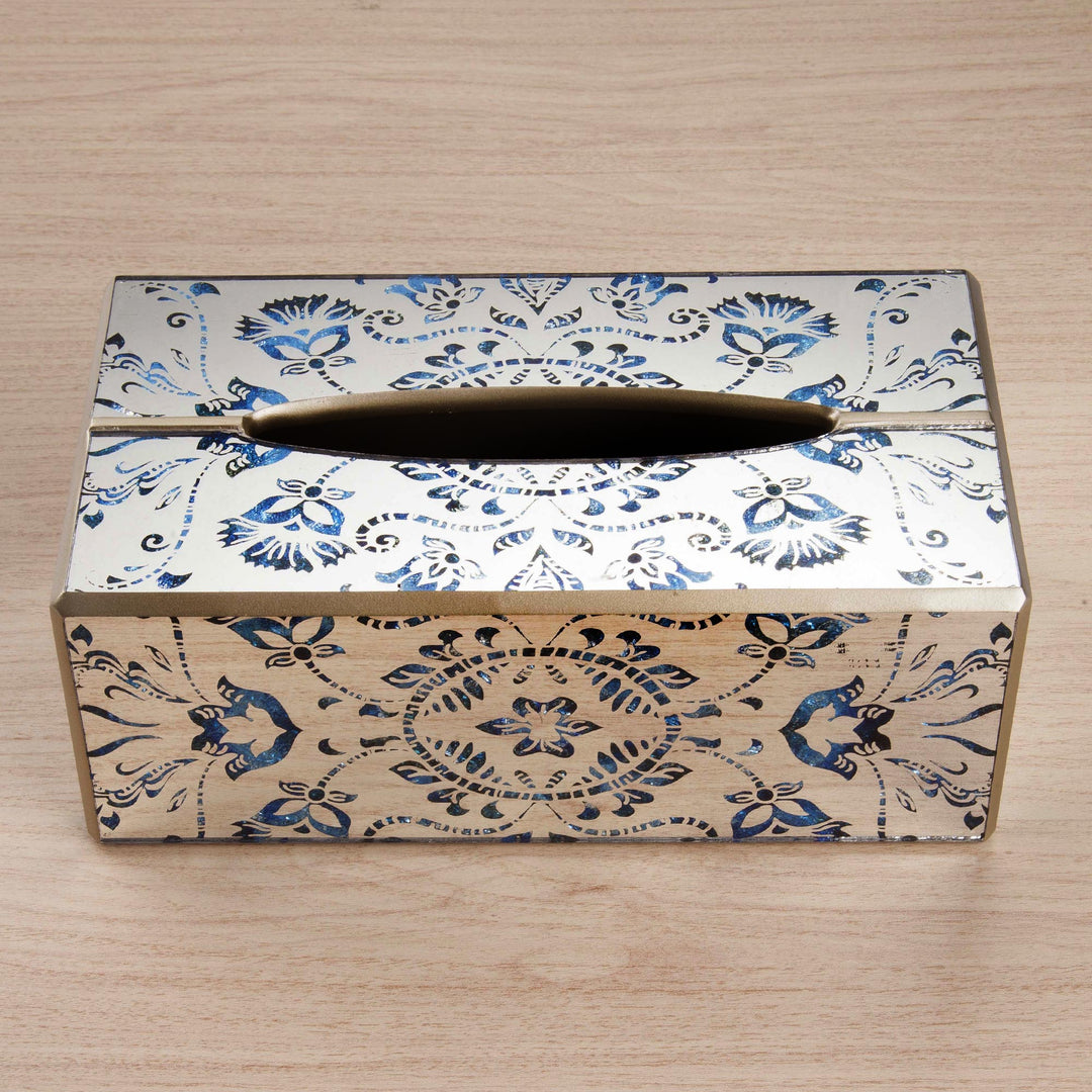 Reverse Painted Glass Floral Tissue Box Cover from Peru - Angelic Blue