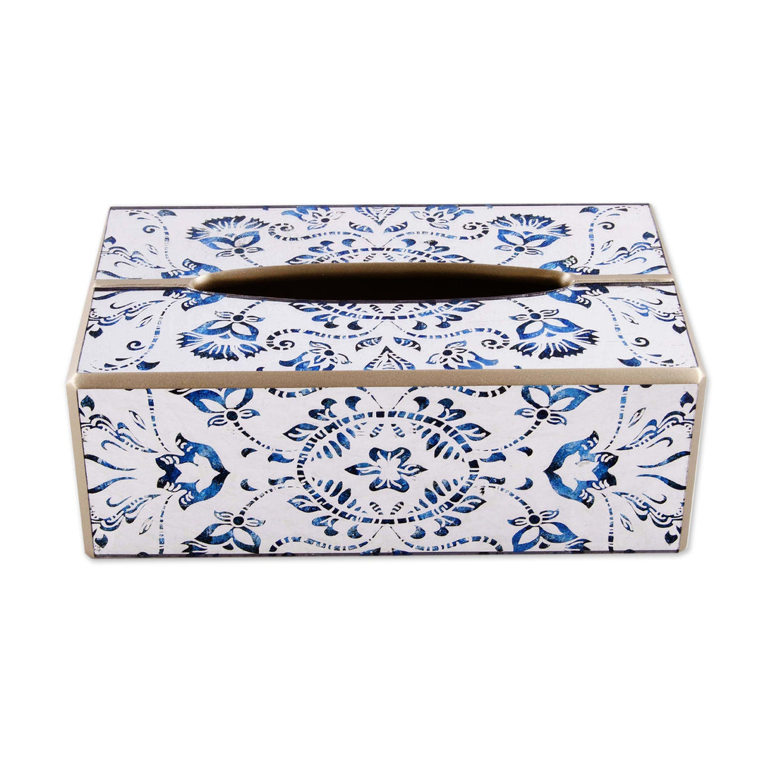 Reverse Painted Glass Floral Tissue Box Cover from Peru - Angelic Blue
