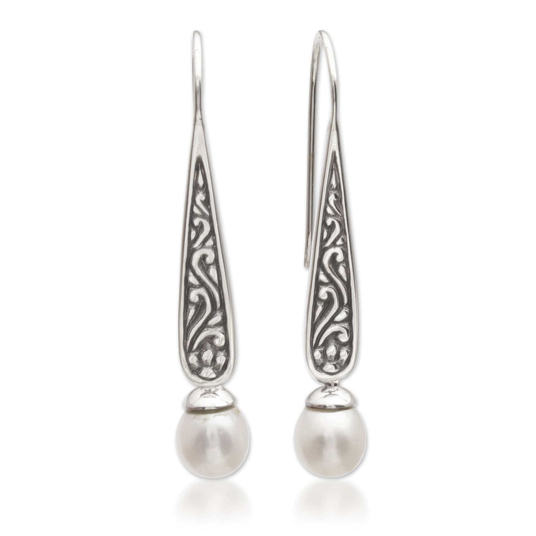 Cultured Pearl Spiral Motif Dangle Earrings from Bali - Rising Swirls