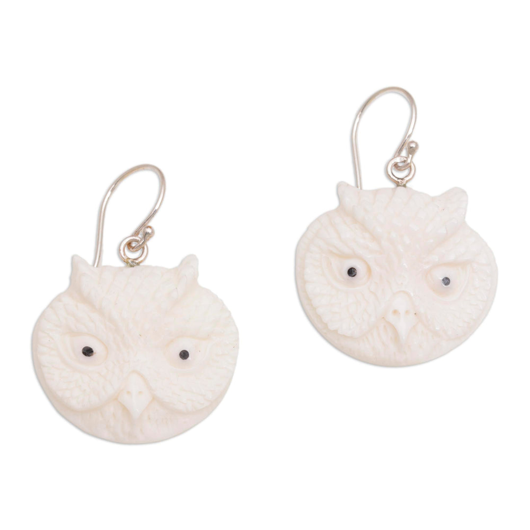 Handcrafted Bone Owl Head Dangle Earrings from Bali - Owl Faces