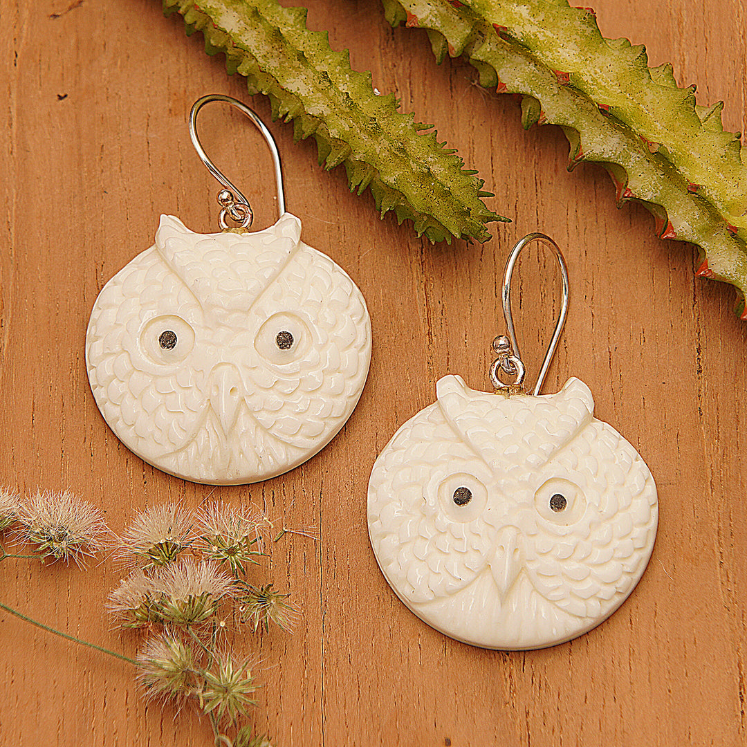 Handcrafted Bone Owl Head Dangle Earrings from Bali - Owl Faces