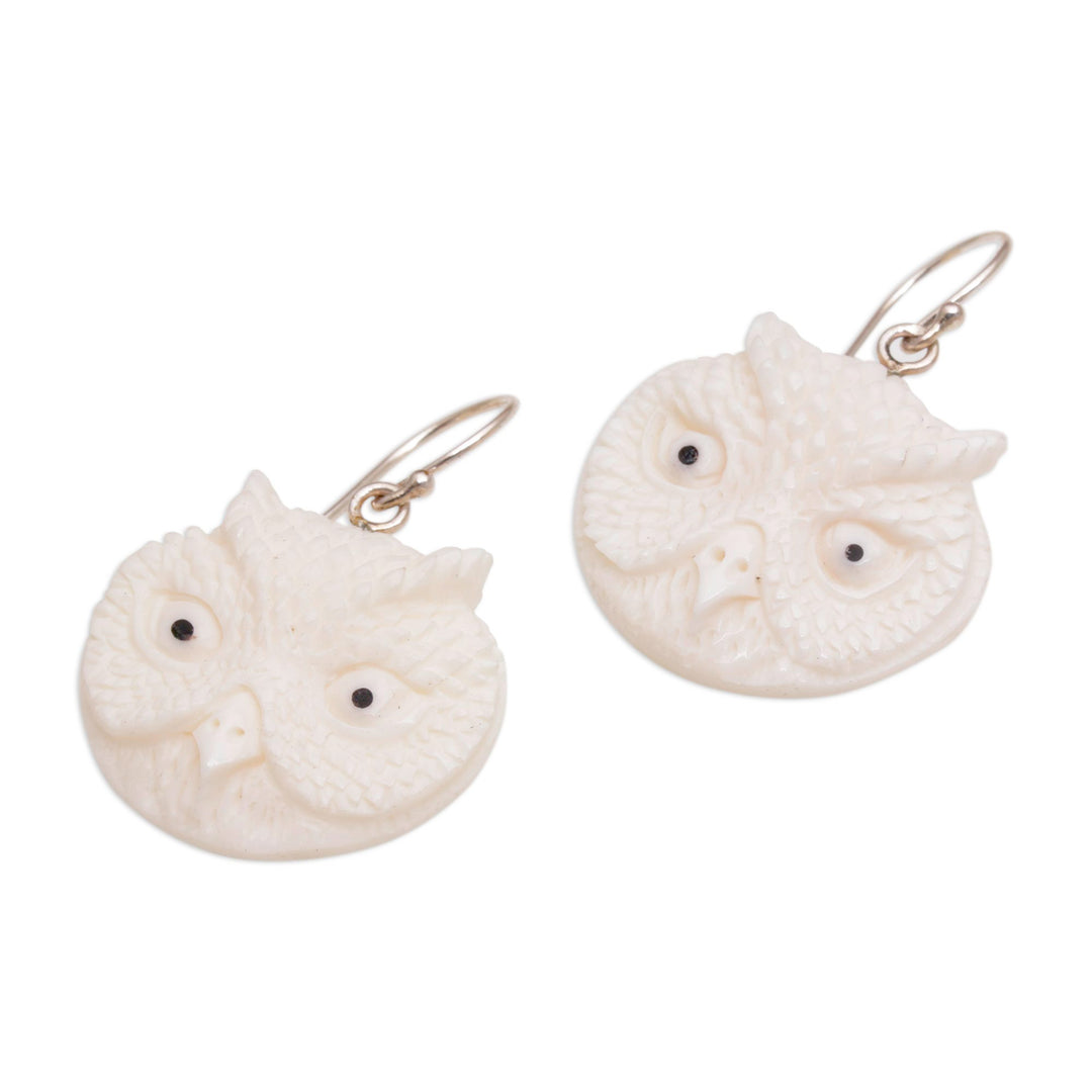Handcrafted Bone Owl Head Dangle Earrings from Bali - Owl Faces