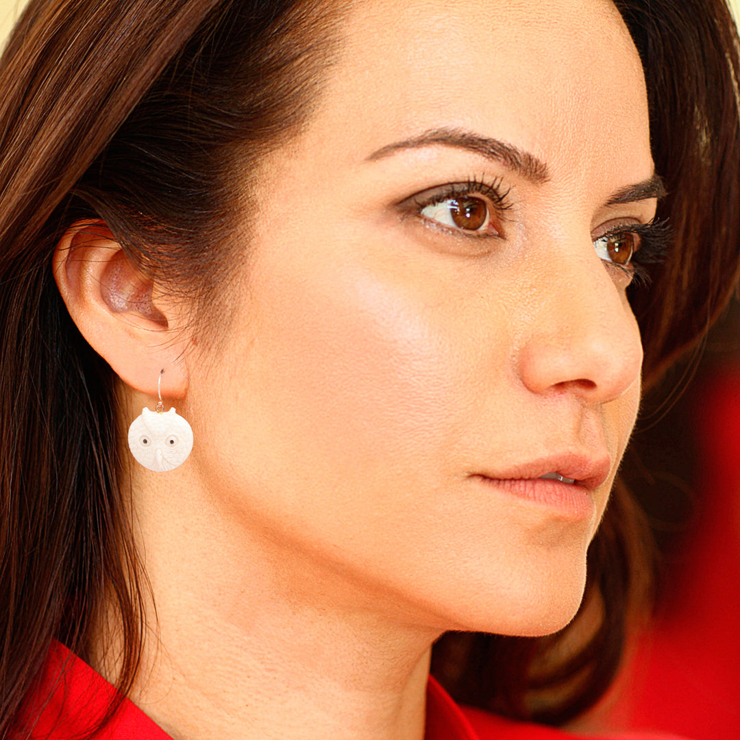 Handcrafted Bone Owl Head Dangle Earrings from Bali - Owl Faces