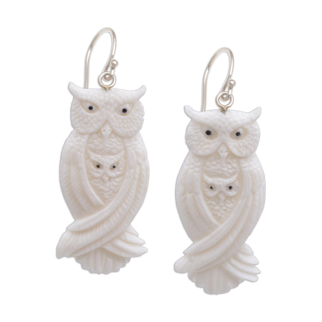 Handcrafted Bone Owl Family Dangle Earrings from Bali - Owl Bond