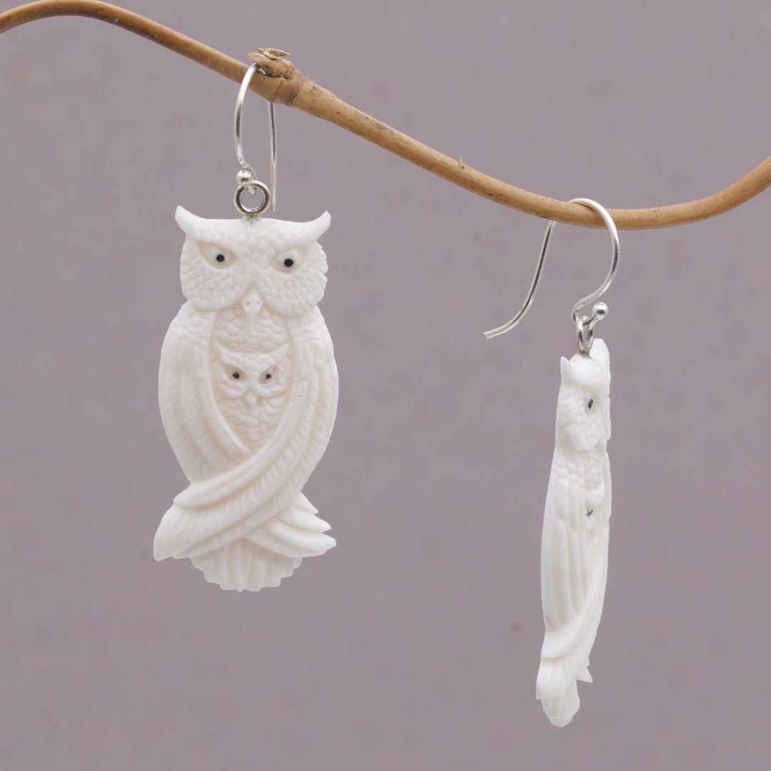 Handcrafted Bone Owl Family Dangle Earrings from Bali - Owl Bond