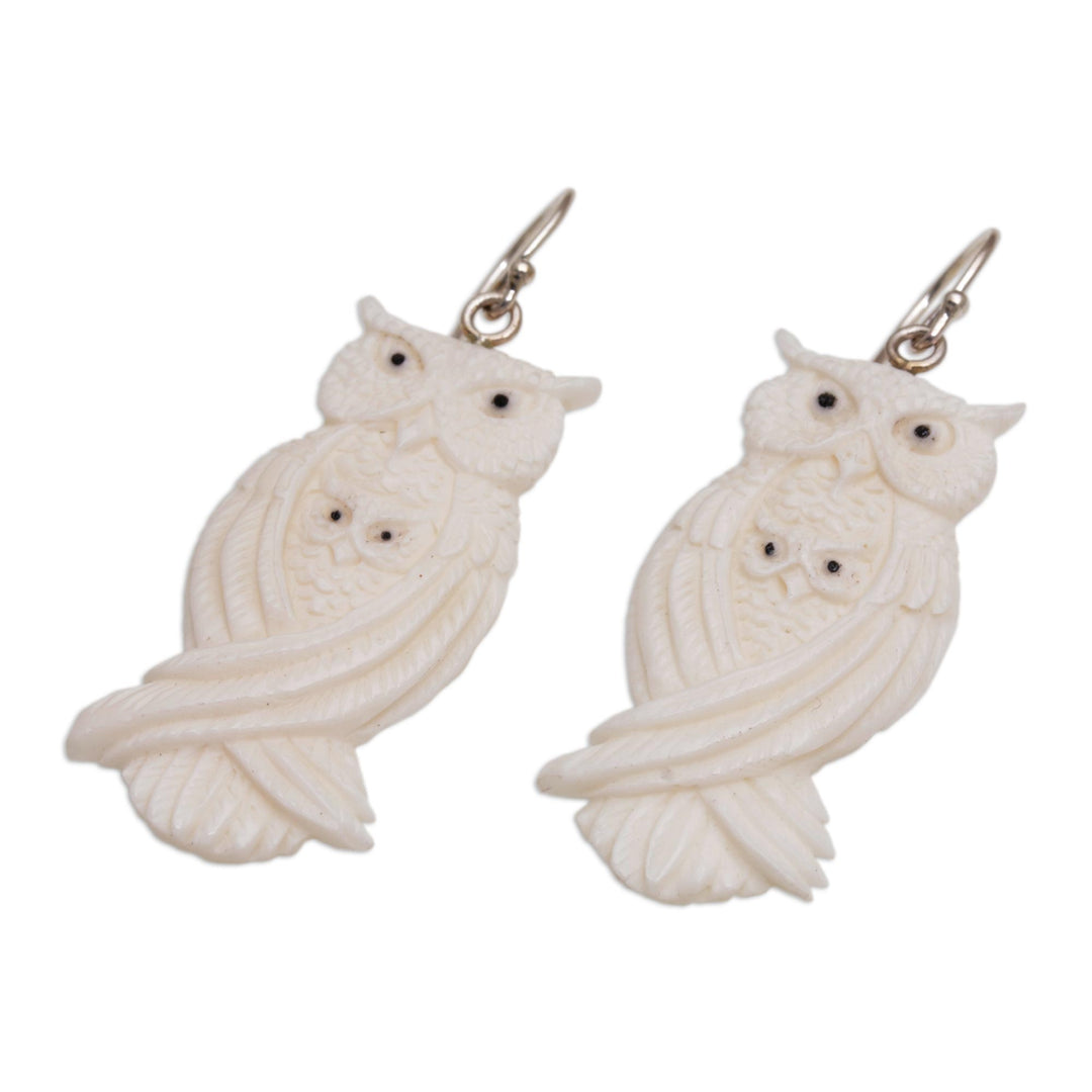 Handcrafted Bone Owl Family Dangle Earrings from Bali - Owl Bond