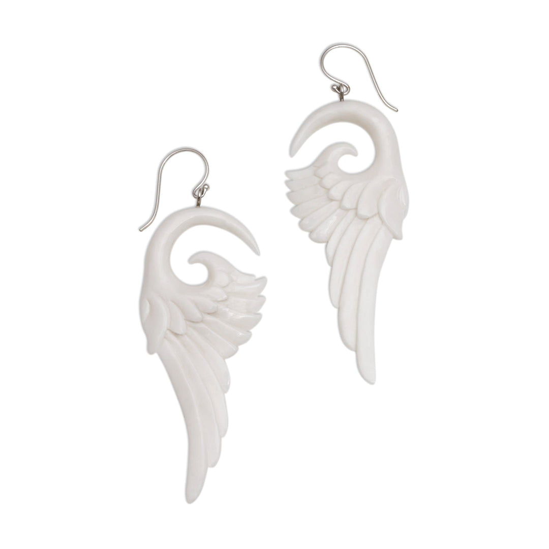 Handcrafted Bone Wing-Shaped Dangle Earrings from Bali - Swirling Wings