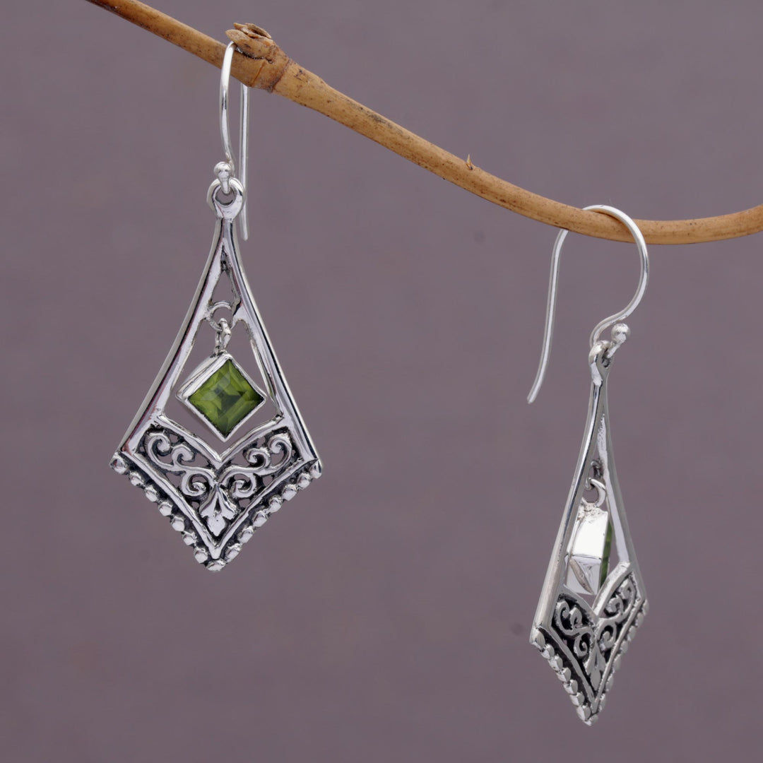Handmade Sterling Silver Green Peridot Dangle Earrings - Gianyar Dangle