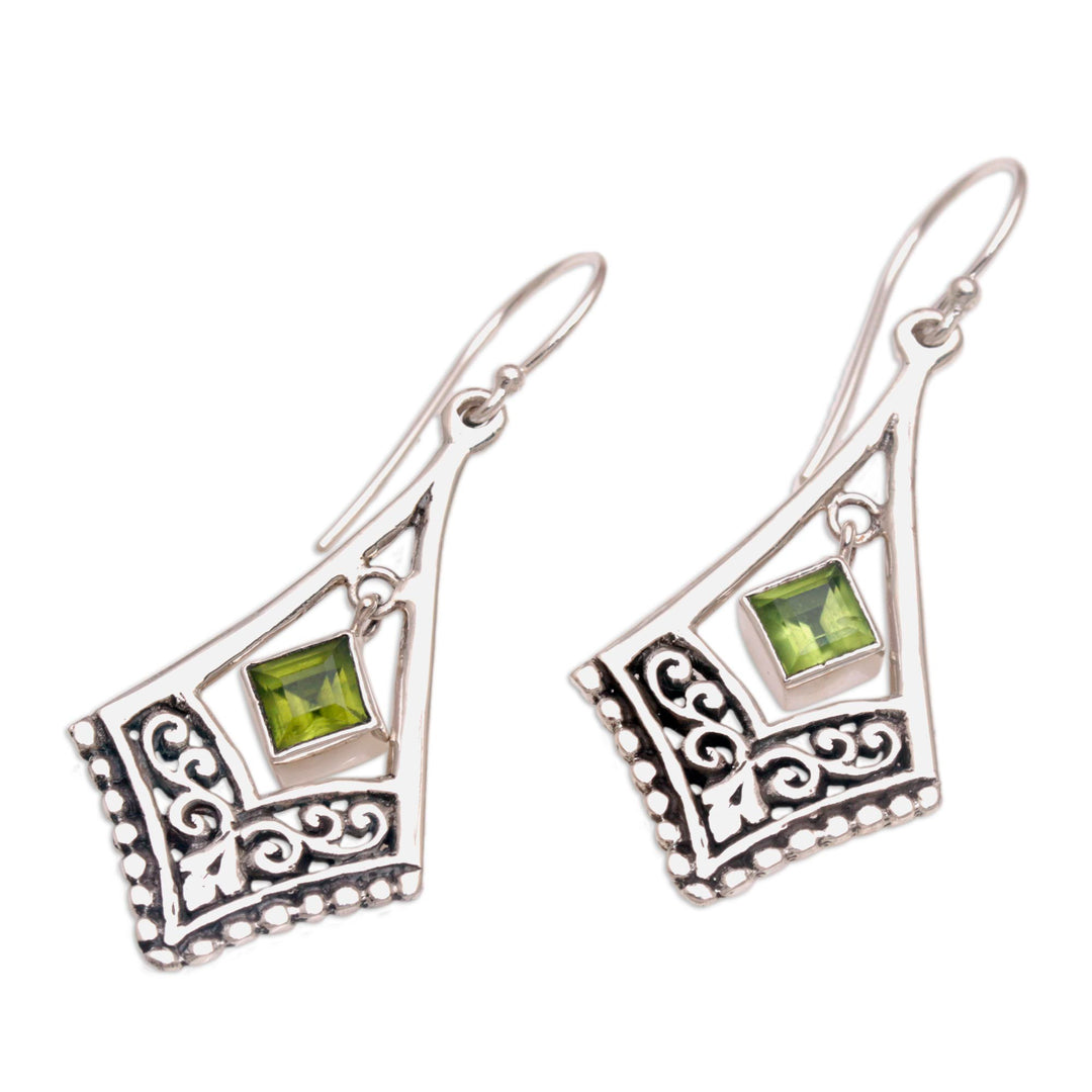 Handmade Sterling Silver Green Peridot Dangle Earrings - Gianyar Dangle