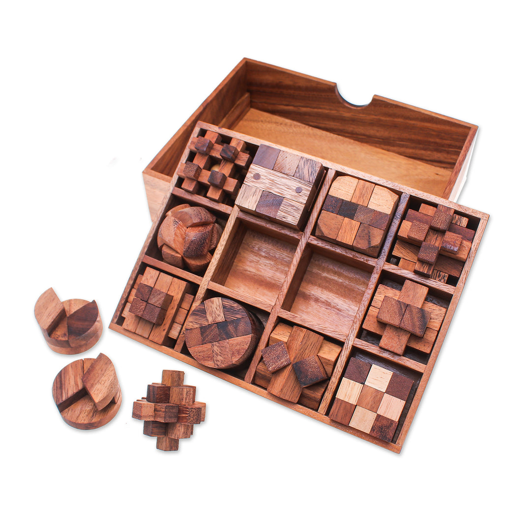 12 Handcrafted Wood Puzzles with Box from Thailand - Array of Challenges