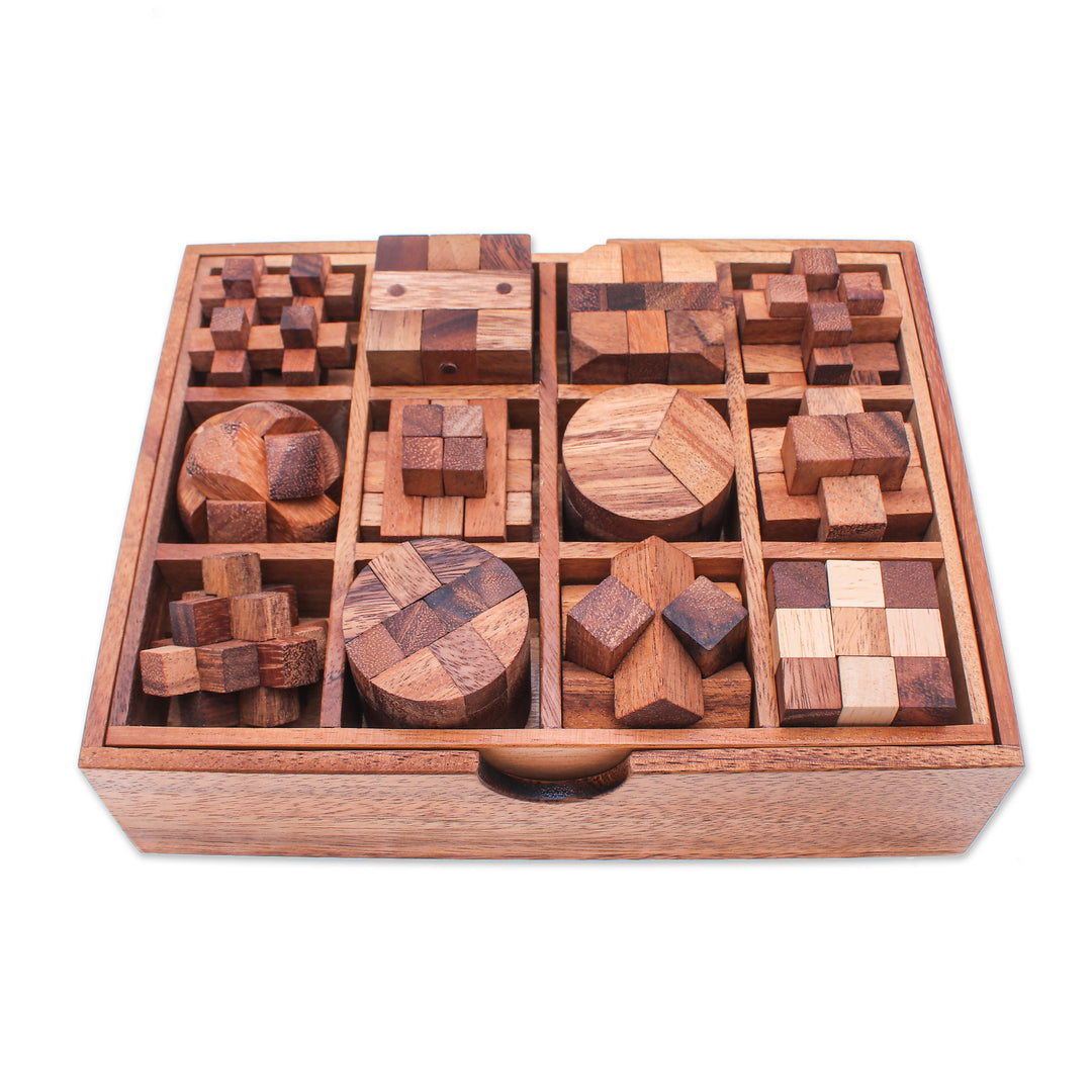 12 Handcrafted Wood Puzzles with Box from Thailand - Array of Challenges
