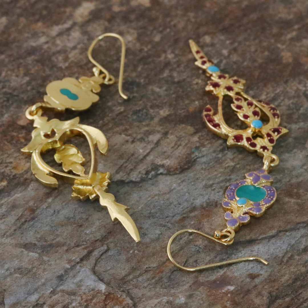 Gold Plated Brass Earrings in Purple and Red from Thailand - Thai Succulence