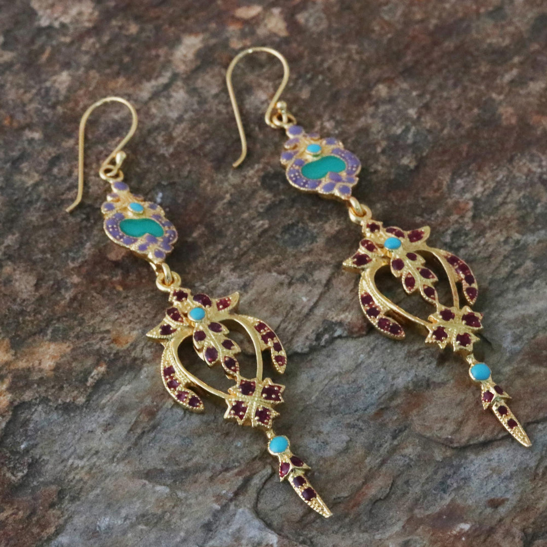 Gold Plated Brass Earrings in Purple and Red from Thailand - Thai Succulence