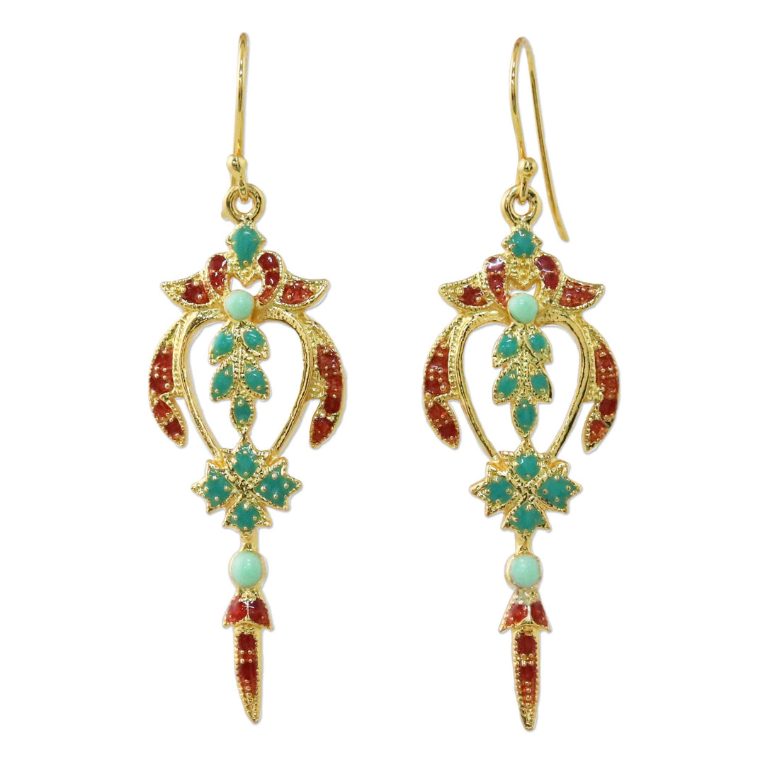 Gold Plated Brass Earrings in Green and Red from Thailand - Proud Beauty in Red
