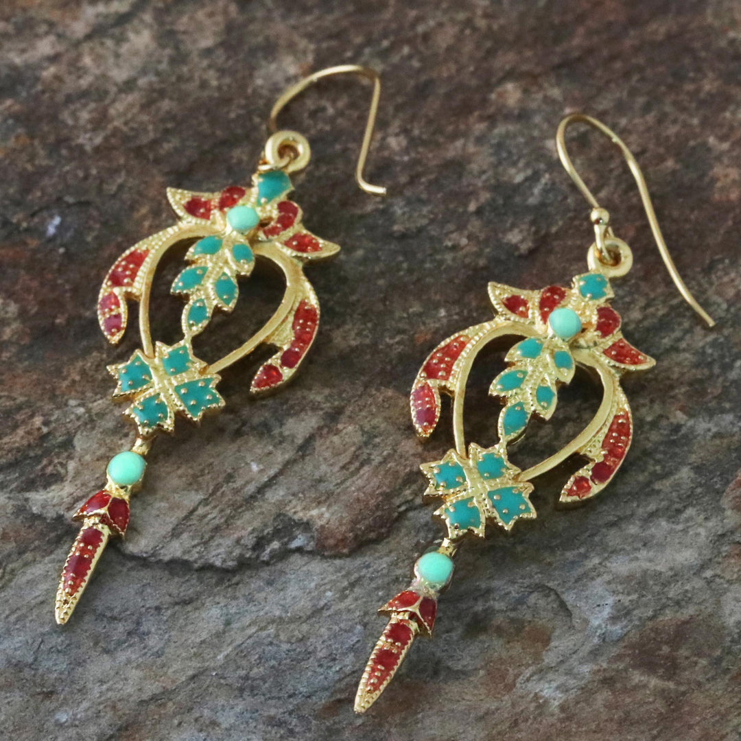 Gold Plated Brass Earrings in Green and Red from Thailand - Proud Beauty in Red