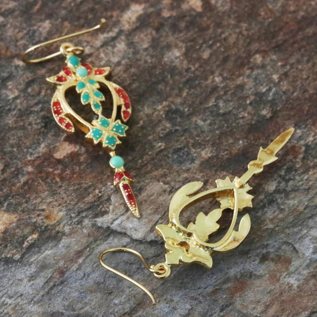 Gold Plated Brass Earrings in Green and Red from Thailand - Proud Beauty in Red