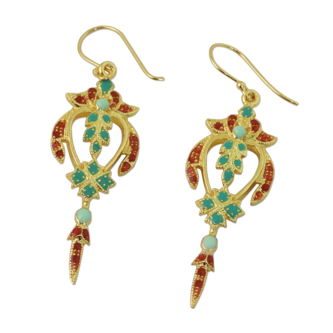 Gold Plated Brass Earrings in Green and Red from Thailand - Proud Beauty in Red