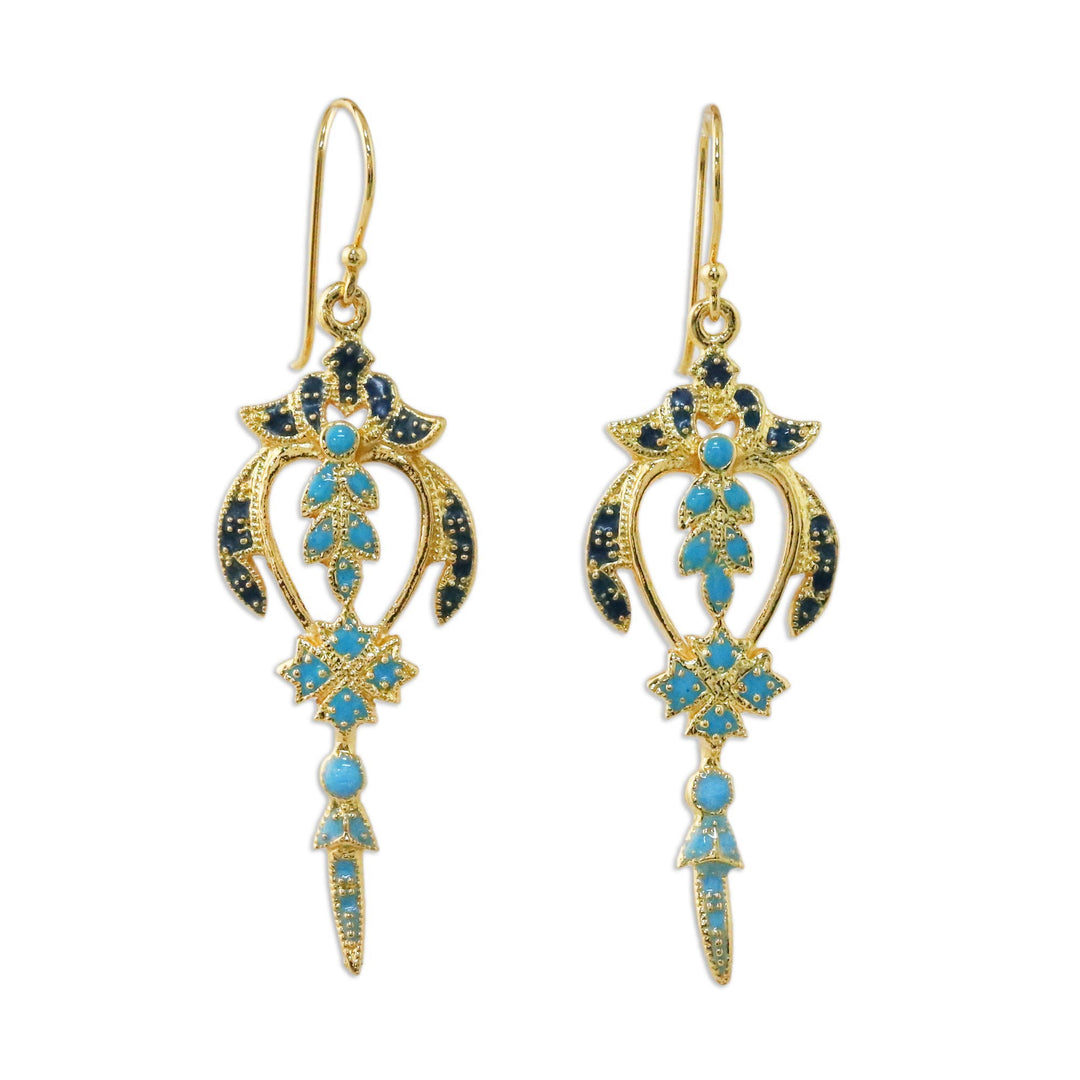 Gold Plated Brass Earrings in Blue and Navy from Thailand - Proud Beauty in Blue
