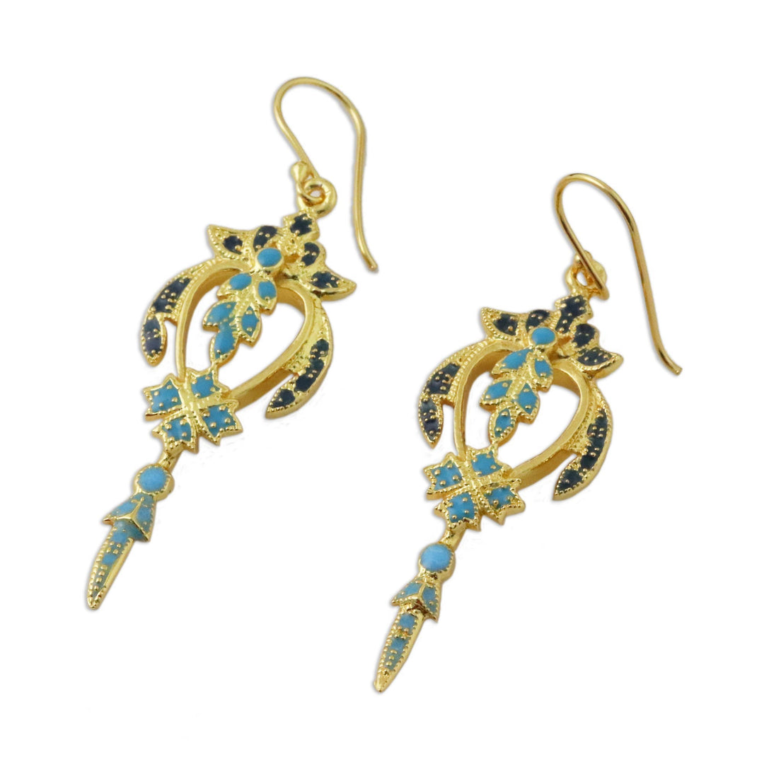 Gold Plated Brass Earrings in Blue and Navy from Thailand - Proud Beauty in Blue