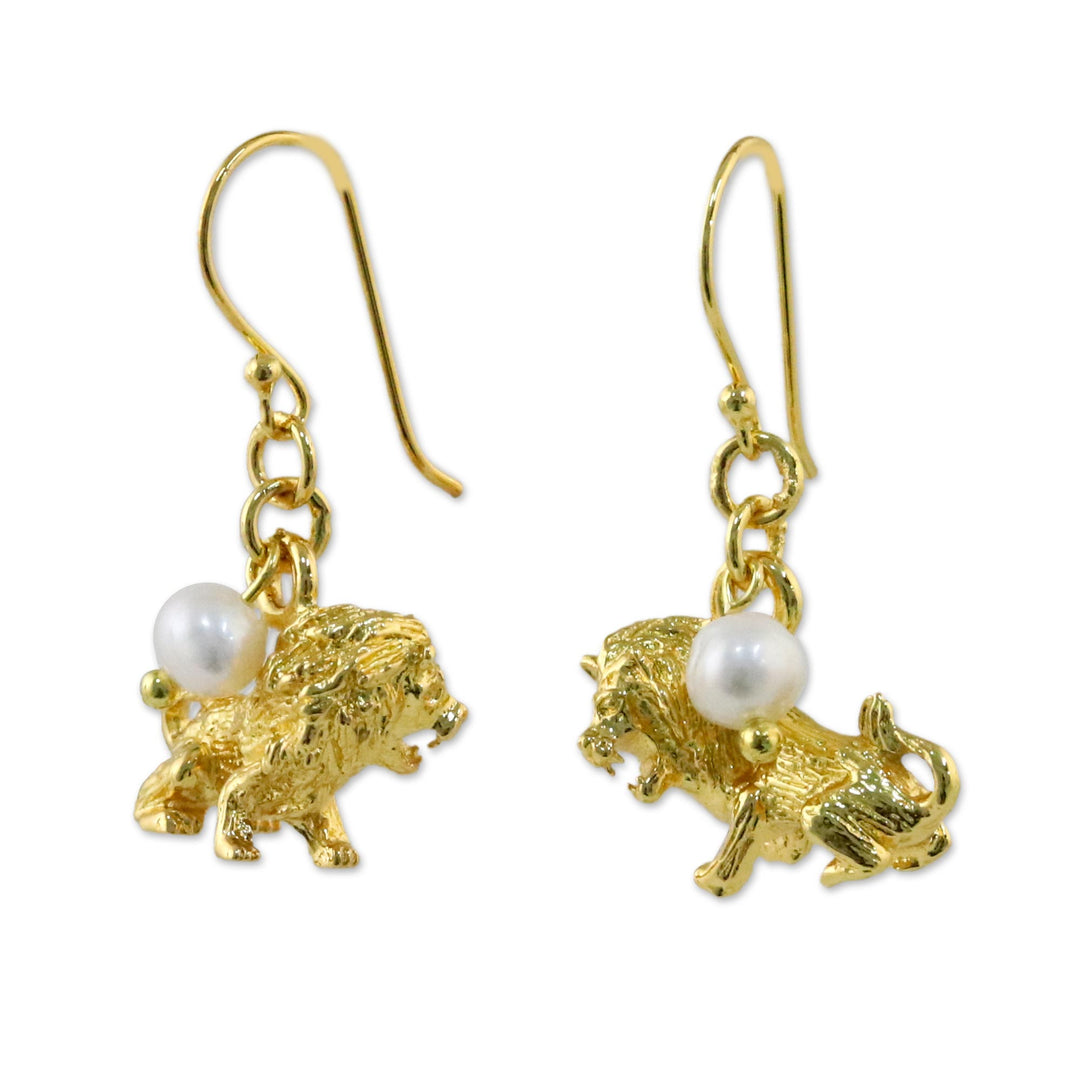 Gold Plated Cultured Pearl Leo Earrings from Thailand - Radiant Leo
