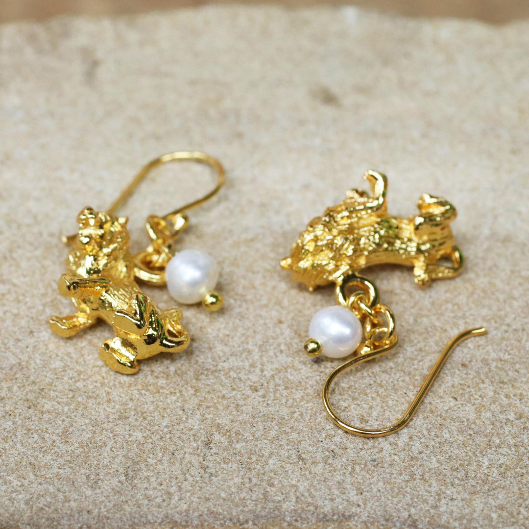 Gold Plated Cultured Pearl Leo Earrings from Thailand - Radiant Leo