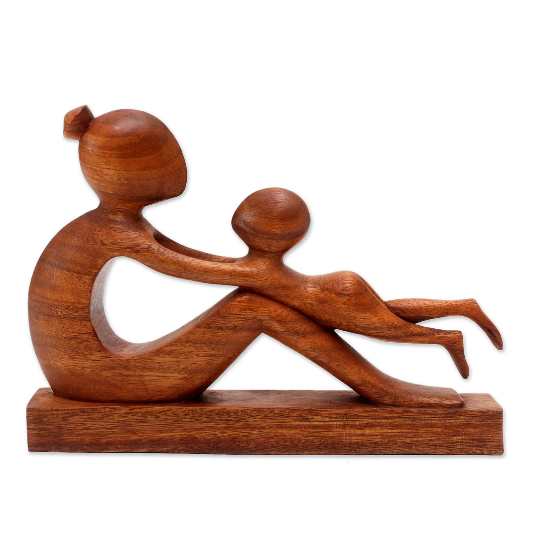 Hand-Carved Suar Wood Mother and Child Sculpture from Bali - Playful Mother
