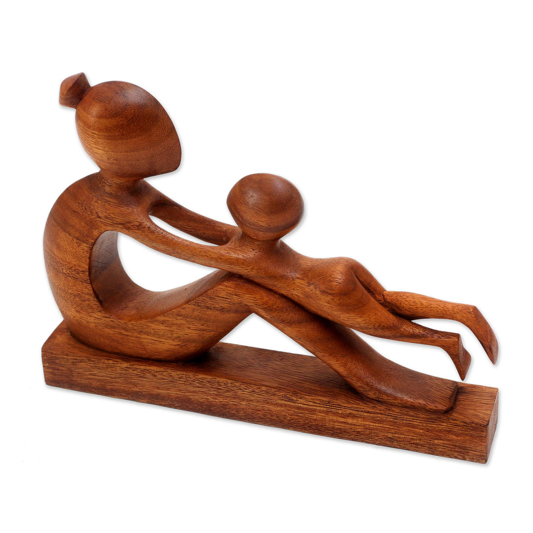 Hand-Carved Suar Wood Mother and Child Sculpture from Bali - Playful Mother